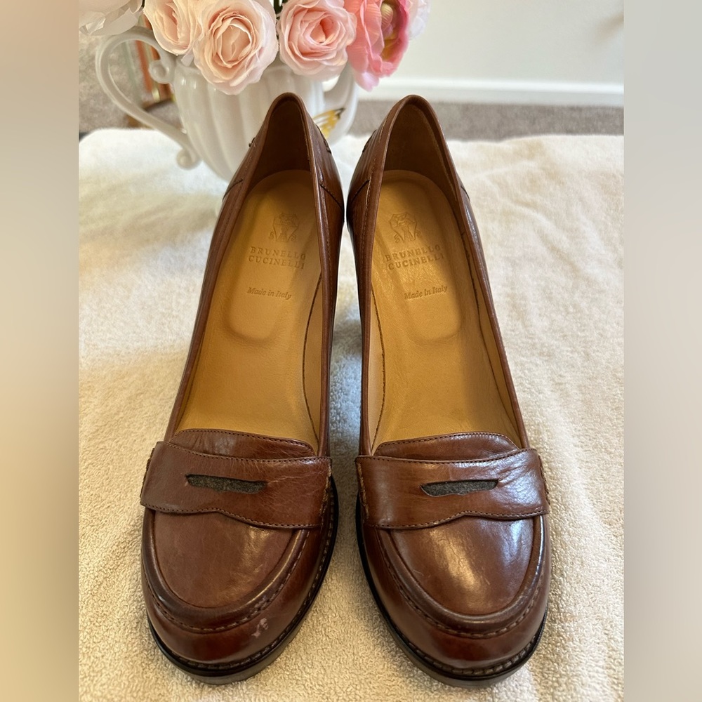 Brunello Cucinelli Brown Oxford Leather Loafer Heels size 37